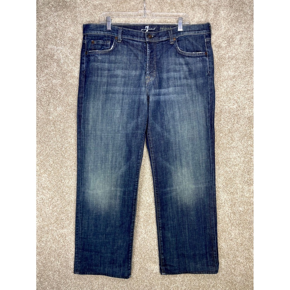 7 For All Mankind Relax Fit Baggy Jeans Men 38 Blue Dark Wash Button Fly Stretch